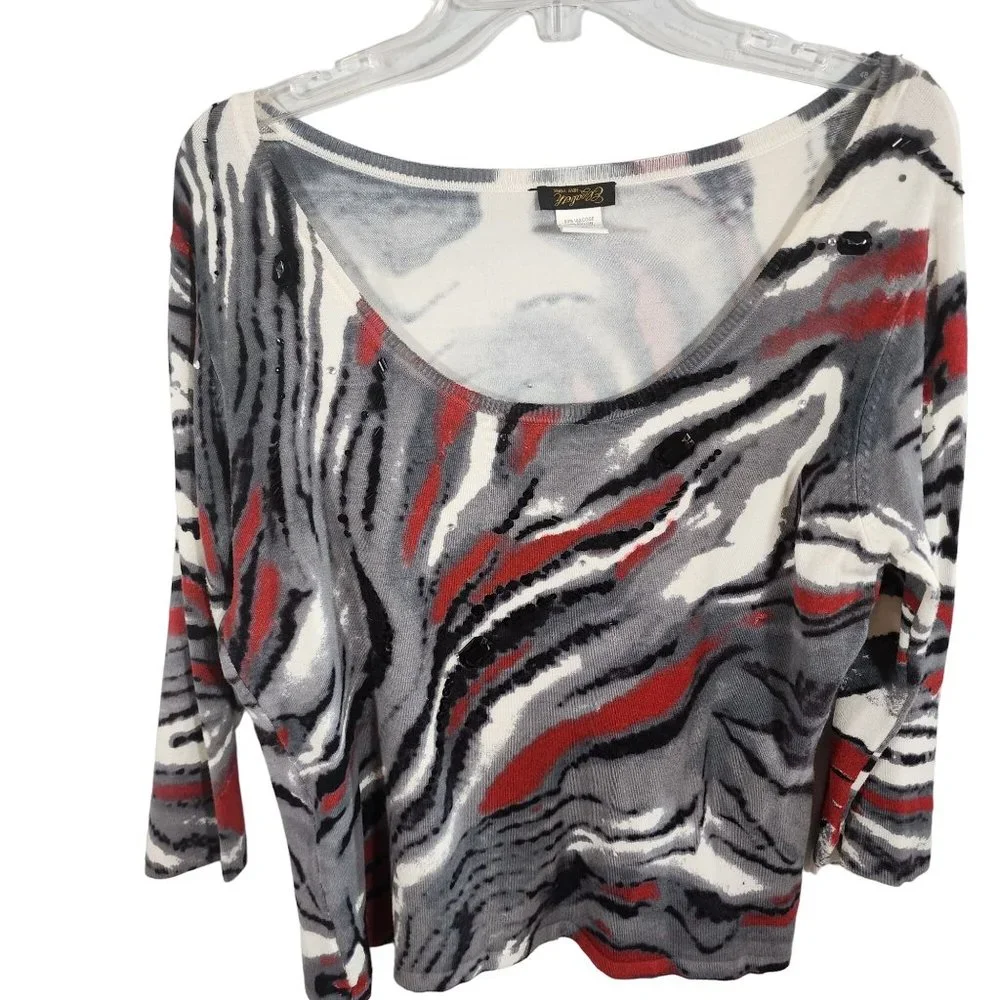Elizabeth New York Red Black Cream Scoop Neck‎ Fitted Sweater L